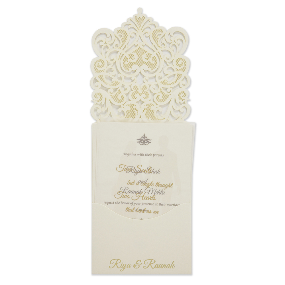 Intricate laser cut design wedding invitation card in cream colour - Click Image to Close